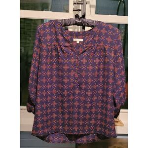 Boho‎  Floral Print 3/4 Sleeve Blouse Navy Blue Pink Pattern Button Front Top